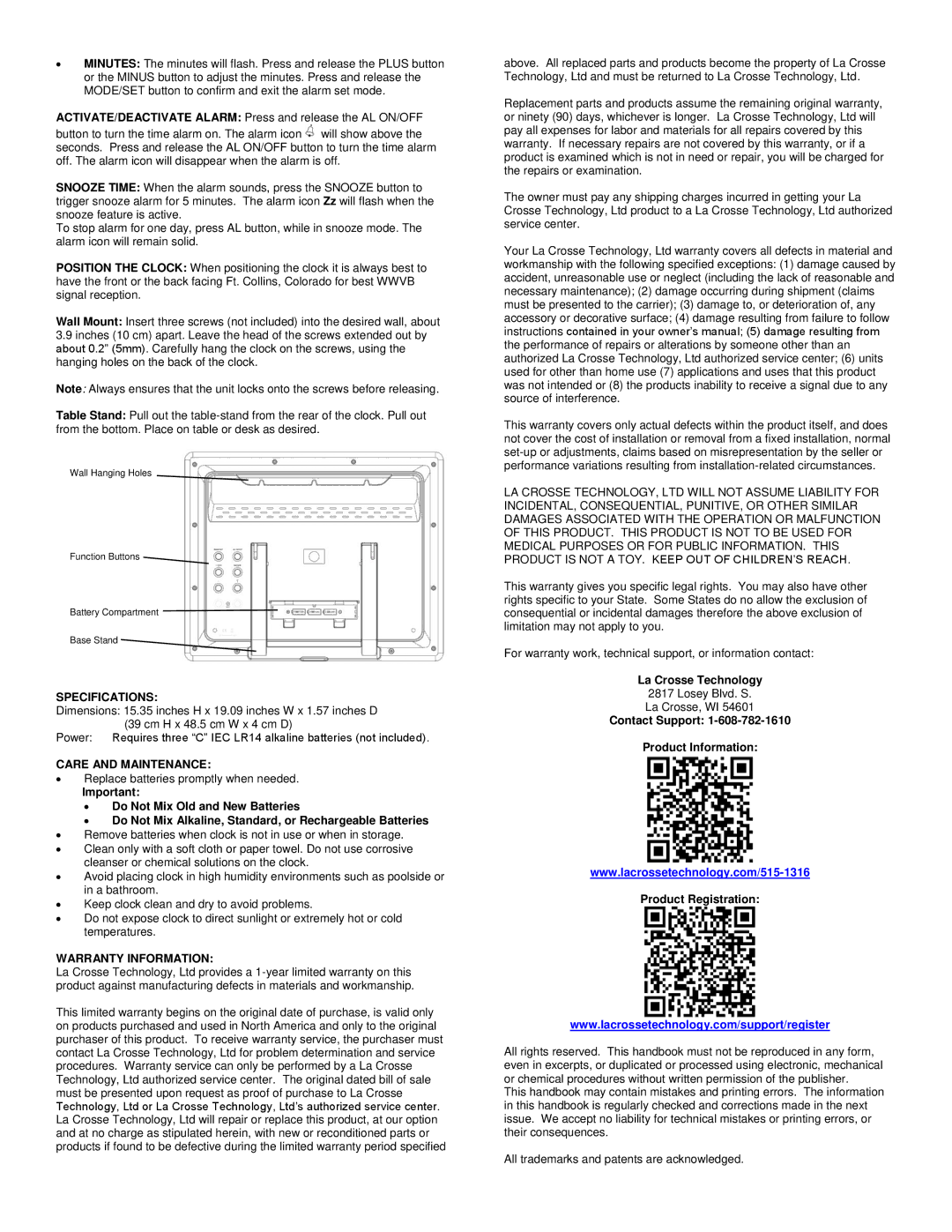 La Crosse Technology 515-1316 setup guide Specifications, Care and Maintenance, Warranty Information, La Crosse Technology 