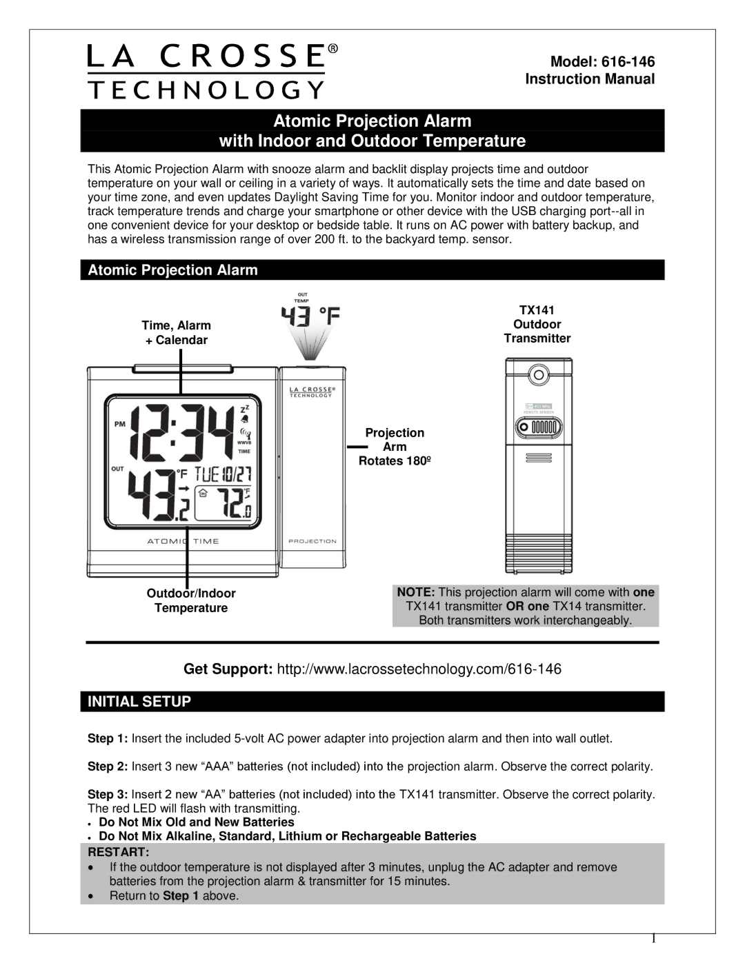 La Crosse Technology 616-146 instruction manual Atomic Projection Alarm With Indoor and Outdoor Temperature, Restart 