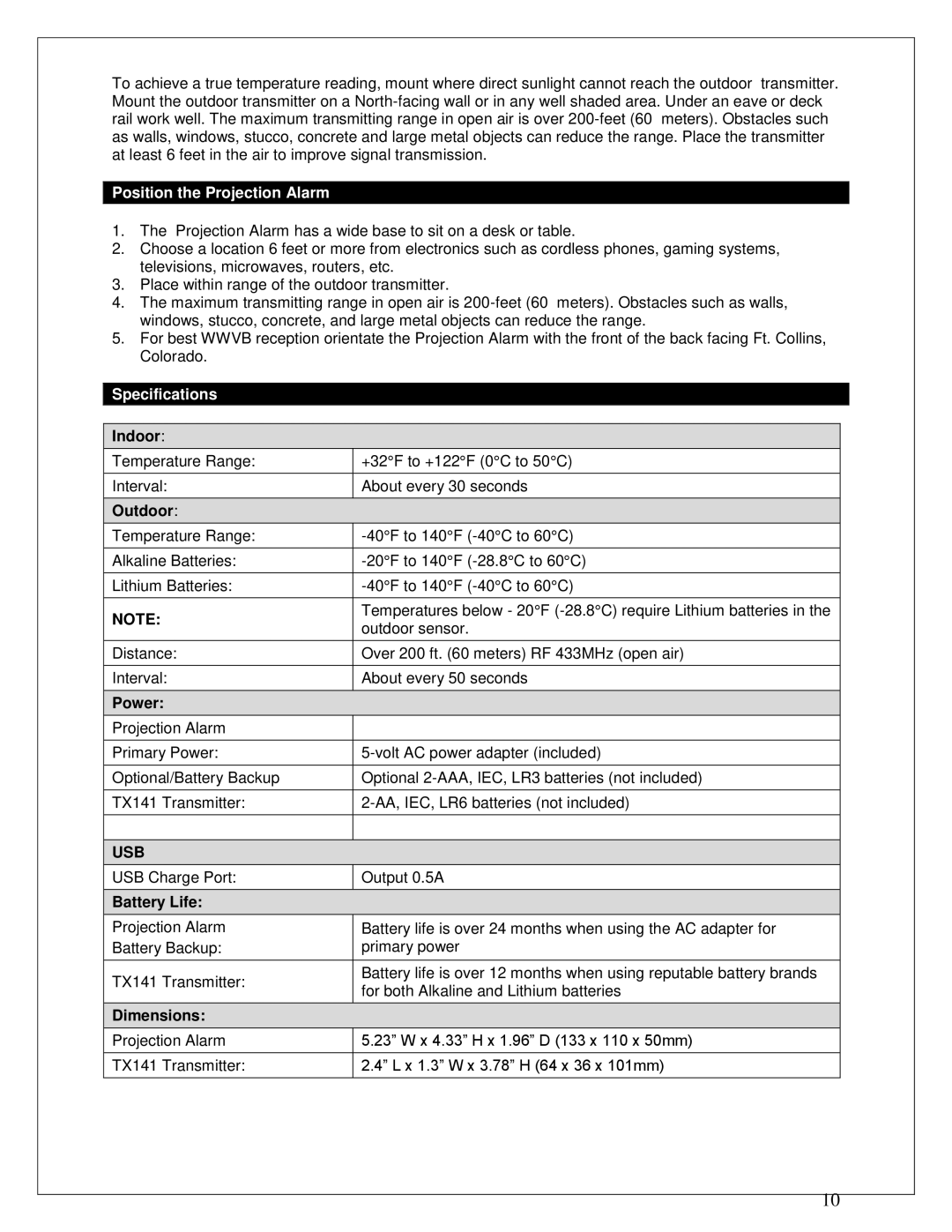 La Crosse Technology 616-146 instruction manual Position the Projection Alarm, Specifications, Usb 