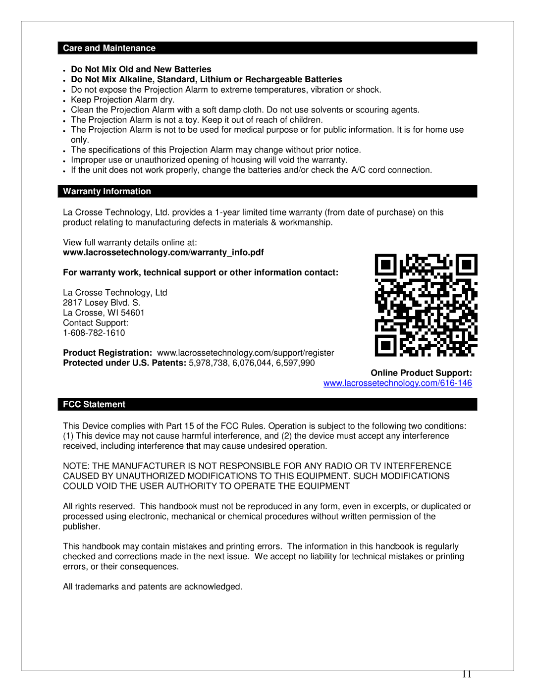 La Crosse Technology 616-146 instruction manual Care and Maintenance, Warranty Information, FCC Statement 