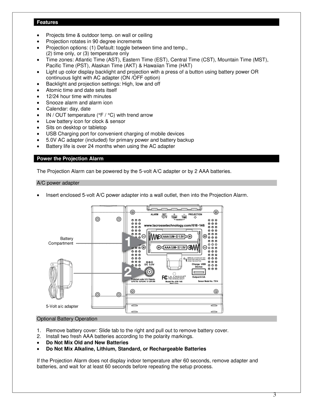 La Crosse Technology 616-146 instruction manual Features, Power the Projection Alarm 