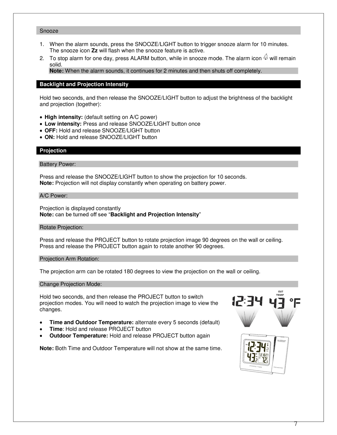 La Crosse Technology 616-146 instruction manual Backlight and Projection Intensity 