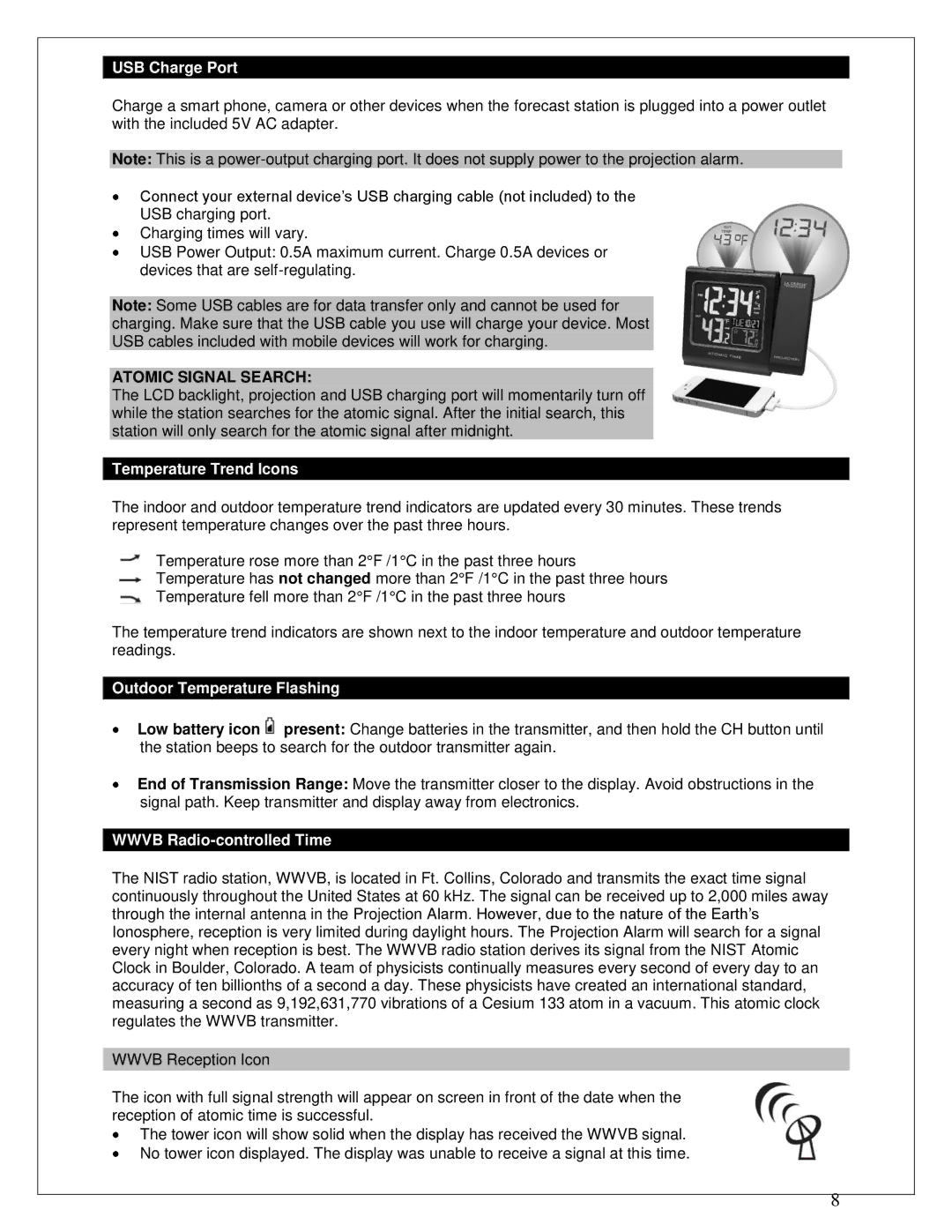 La Crosse Technology 616-146 instruction manual USB Charge Port, Temperature Trend Icons, Outdoor Temperature Flashing 