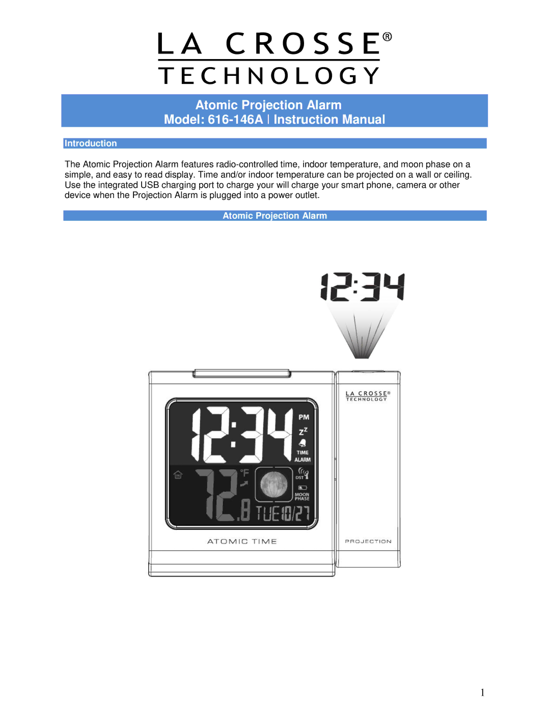 La Crosse Technology 616-146A instruction manual Introduction, Atomic Projection Alarm 