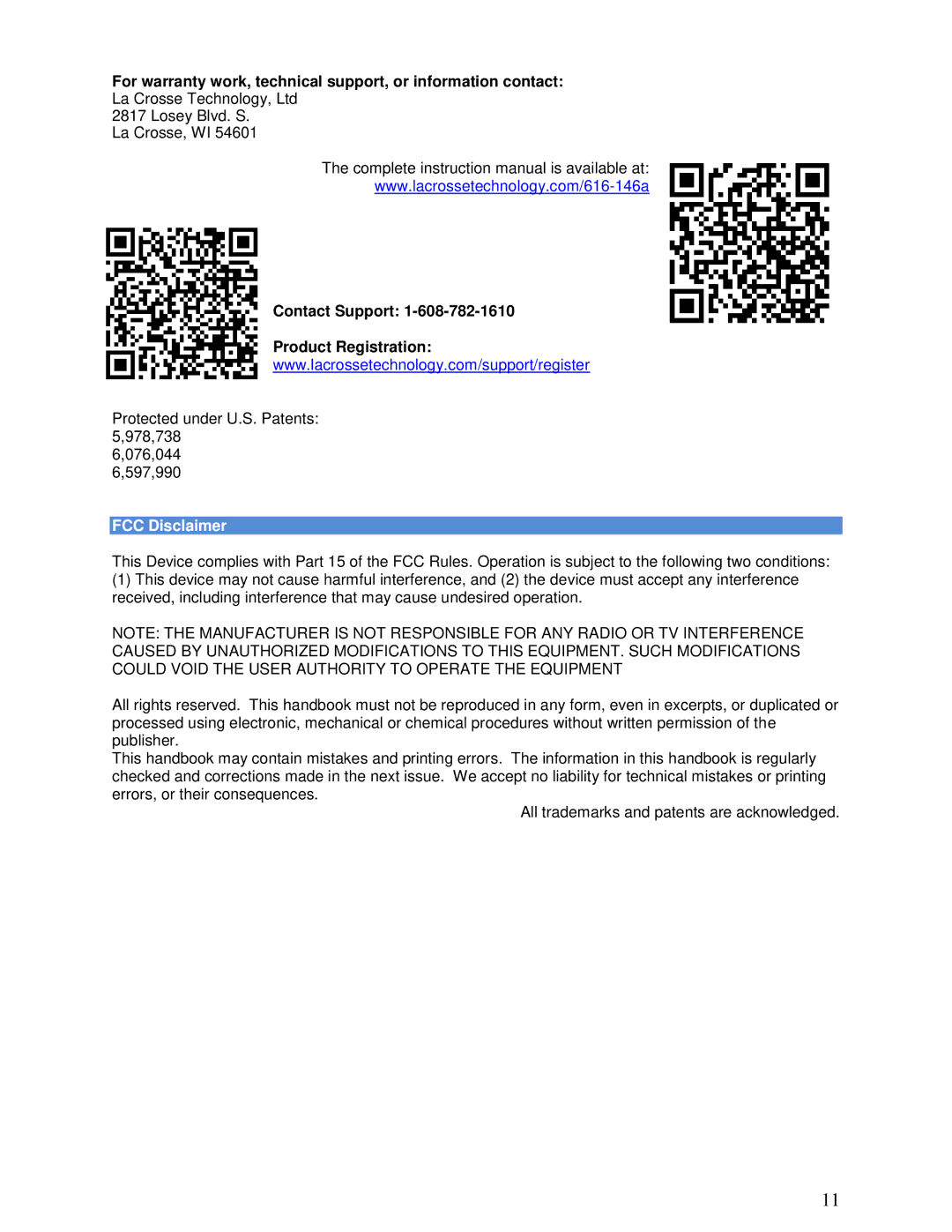 La Crosse Technology 616-146A instruction manual FCC Disclaimer 