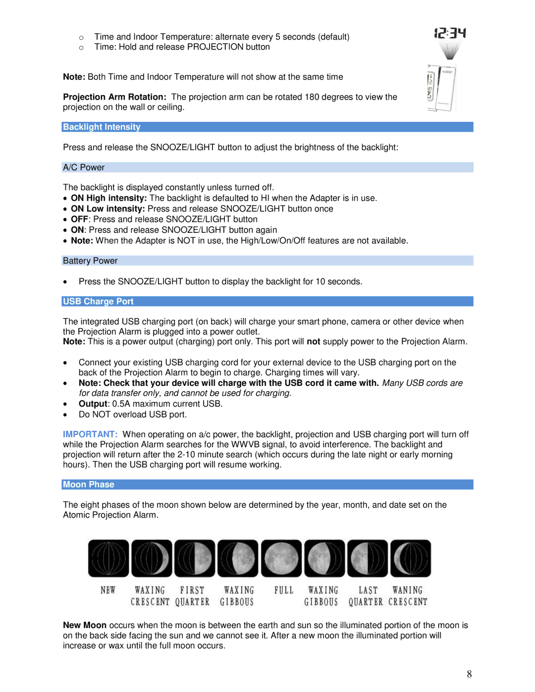 La Crosse Technology 616-146A instruction manual Backlight Intensity, USB Charge Port, Moon Phase 