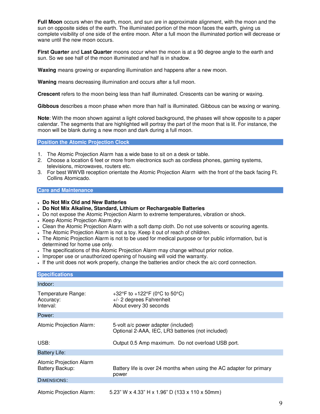 La Crosse Technology 616-146A instruction manual Position the Atomic Projection Clock, Care and Maintenance, Specifications 