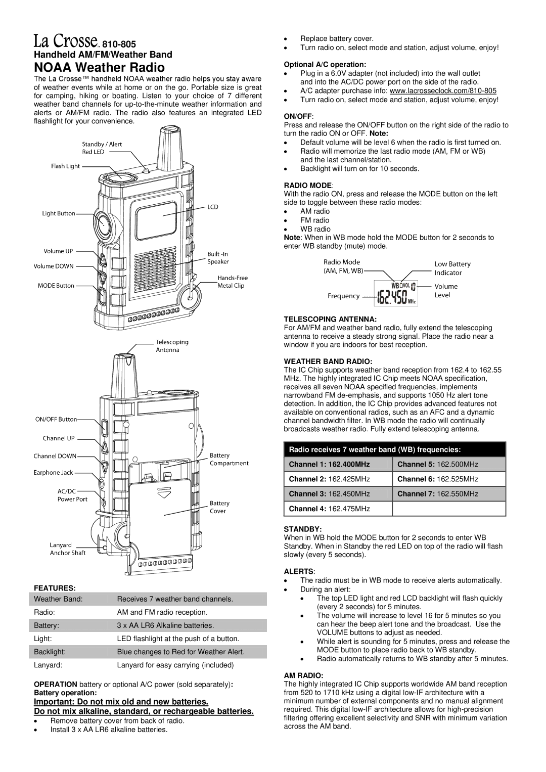 La Crosse Technology 810-805 manual Features, On/Off, Radio Mode, Telescoping Antenna, Weather Band Radio, Standby, Alerts 