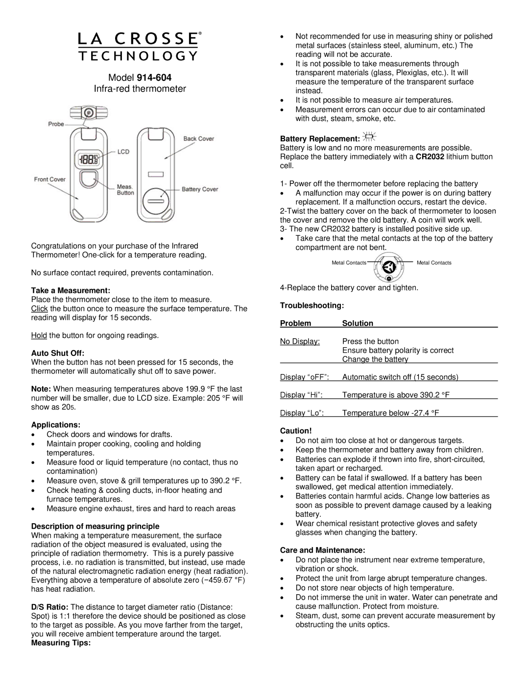 La Crosse Technology 914-604 manual Take a Measurement, Auto Shut Off, Applications, Description of measuring principle 