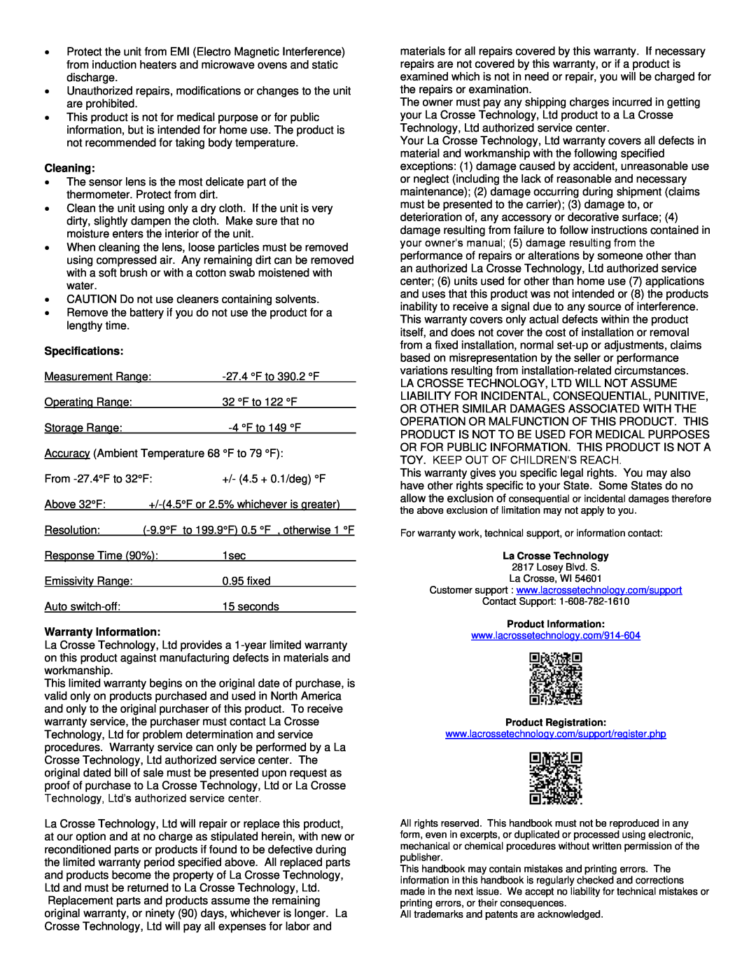 La Crosse Technology 914-604 manual Cleaning, Specifications, Warranty Information 
