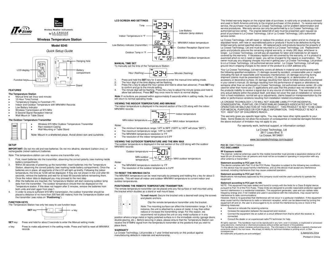 La Crosse Technology 9245 setup guide LCD Screen and Settings, Manual Time SET, Features, Setup, Function Keys, Warranty 
