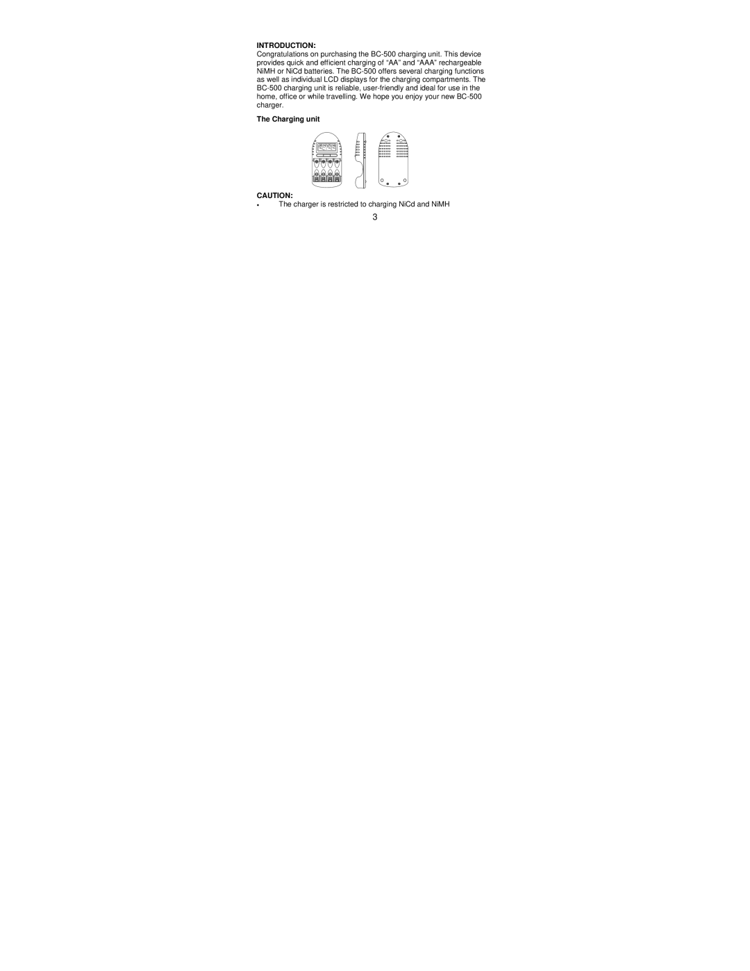 La Crosse Technology BC-500 specifications Introduction, Charging unit 