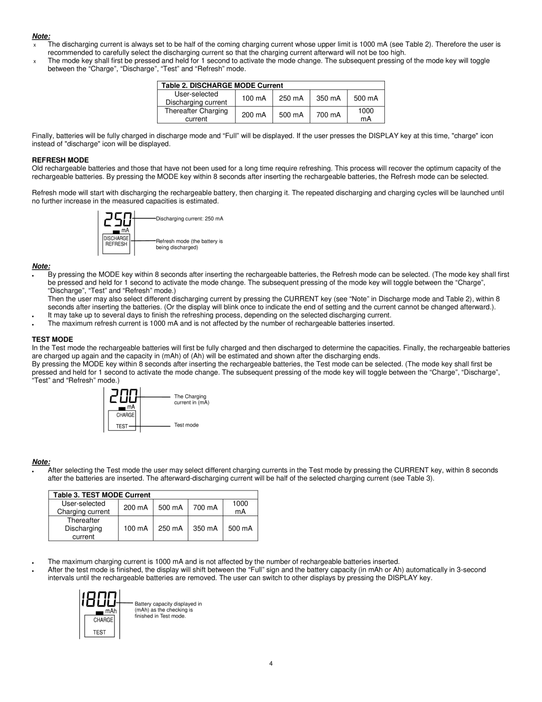 La Crosse Technology BC-900 instruction manual Discharge Mode Current, Refresh Mode, Test Mode Current 