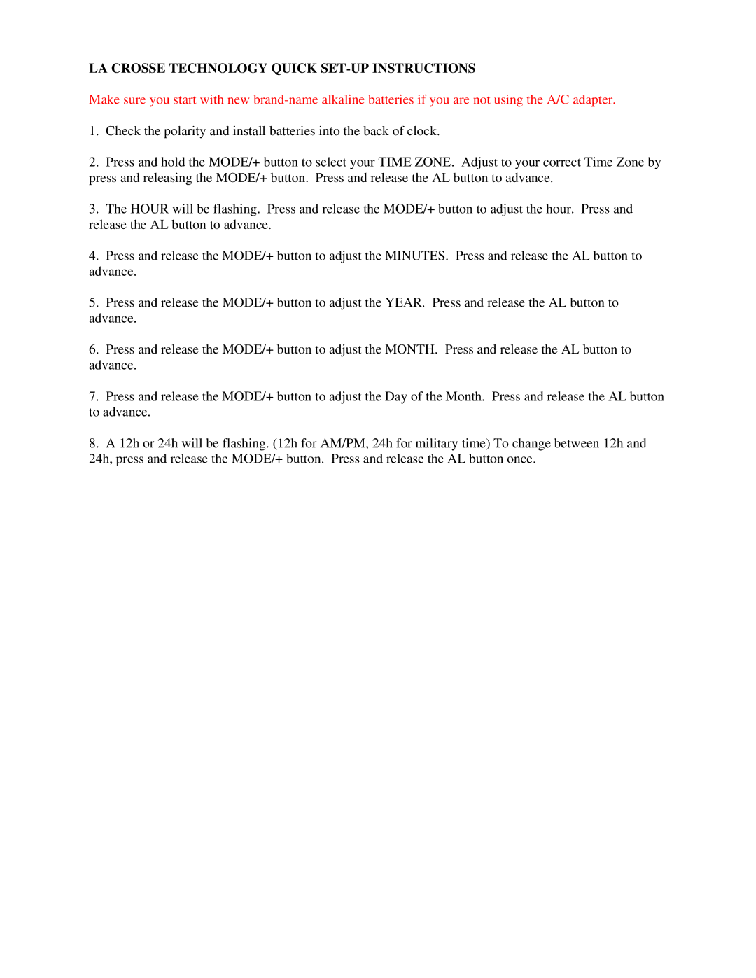 La Crosse Technology Clock manual LA Crosse Technology Quick SET-UP Instructions 