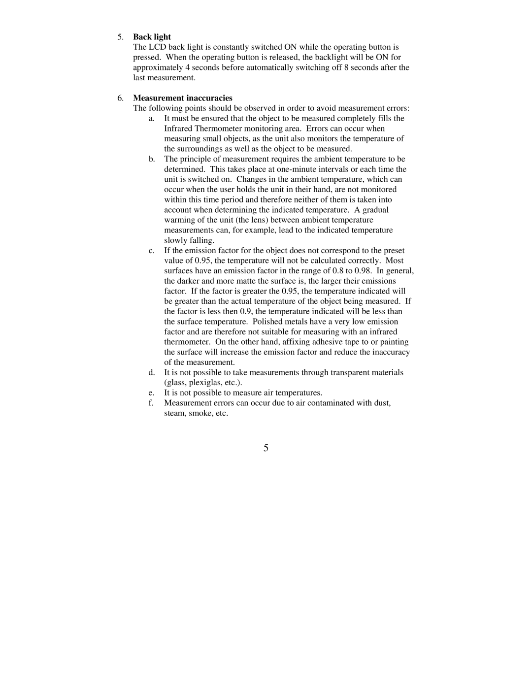 La Crosse Technology IR 101 instruction manual Back light, Measurement inaccuracies 