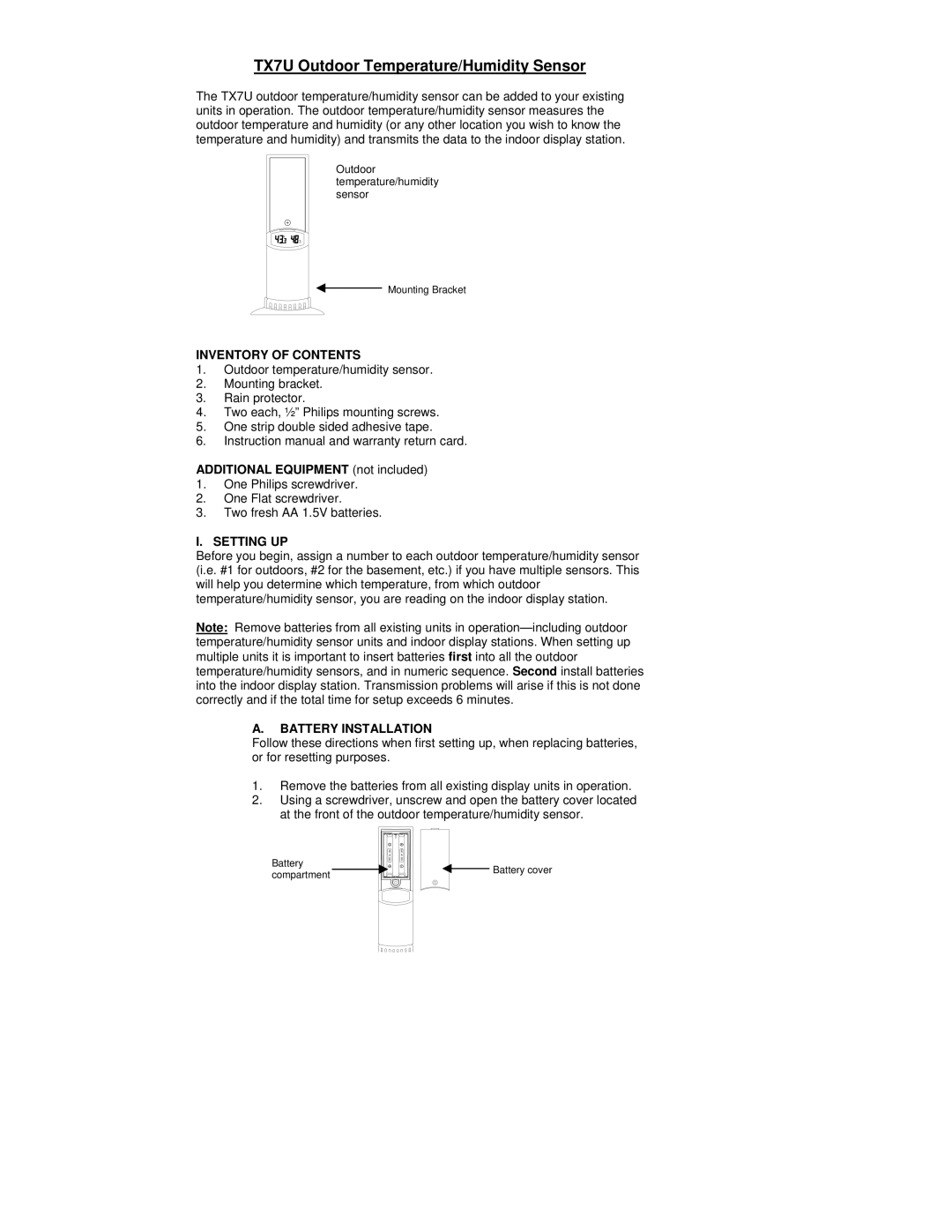 La Crosse Technology TX7U instruction manual Inventory of Contents, Setting UP, Battery Installation 