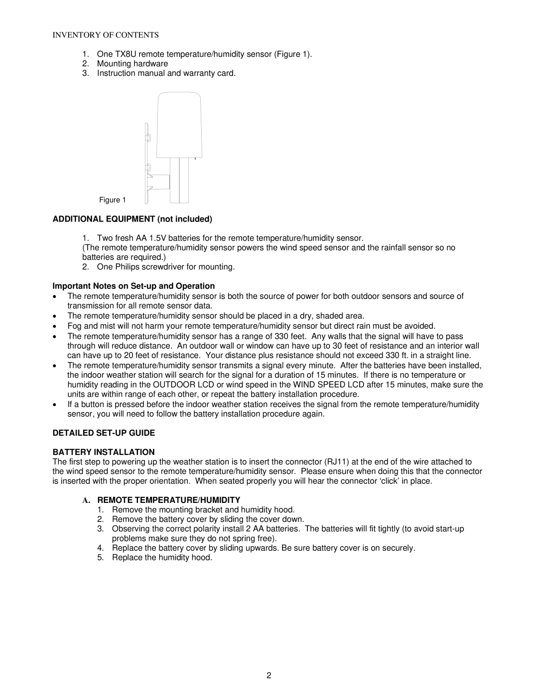 La Crosse Technology TX8U instruction manual Additional Equipment not included, Important Notes on Set-up and Operation 