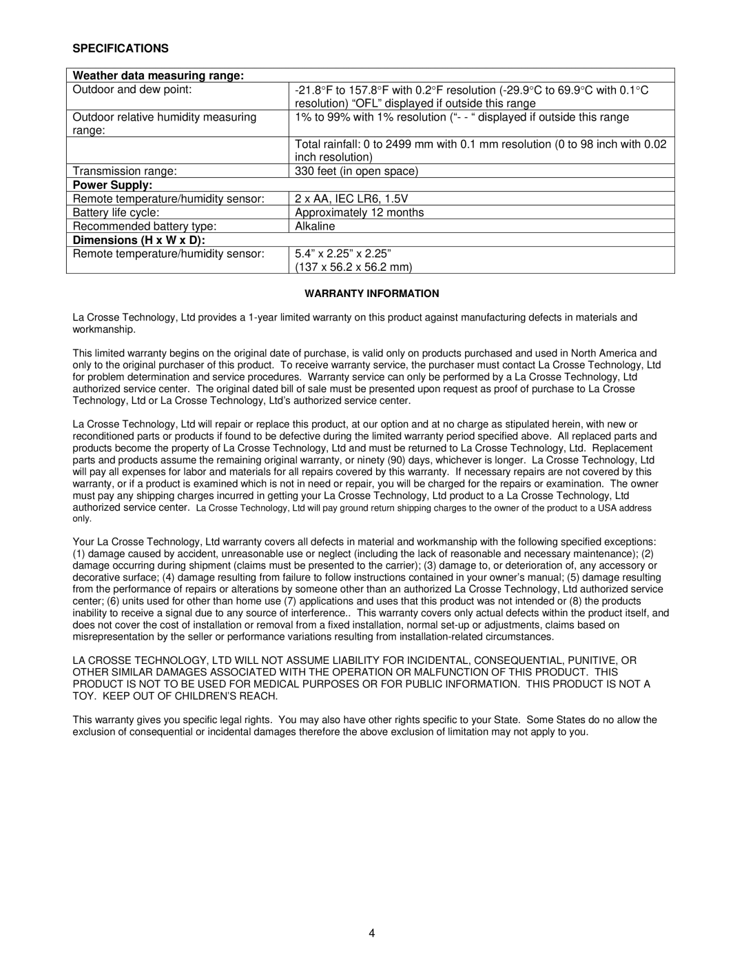 La Crosse Technology TX8U Specifications, Weather data measuring range, Power Supply, Dimensions H x W x D 