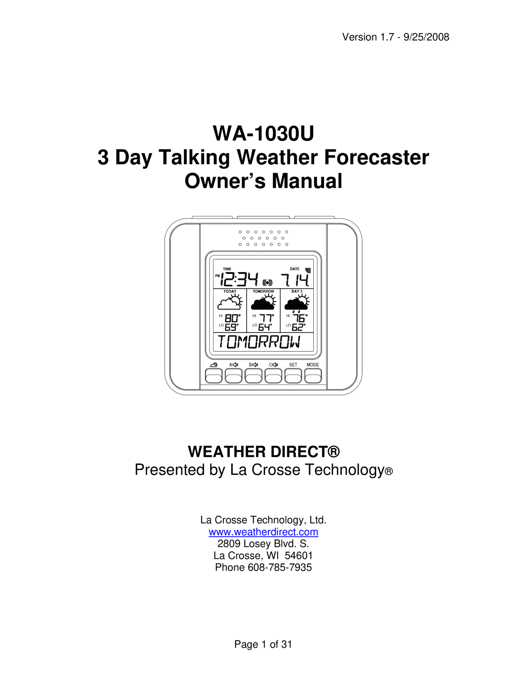 La Crosse Technology owner manual WA-1030U Day Talking Weather Forecaster 