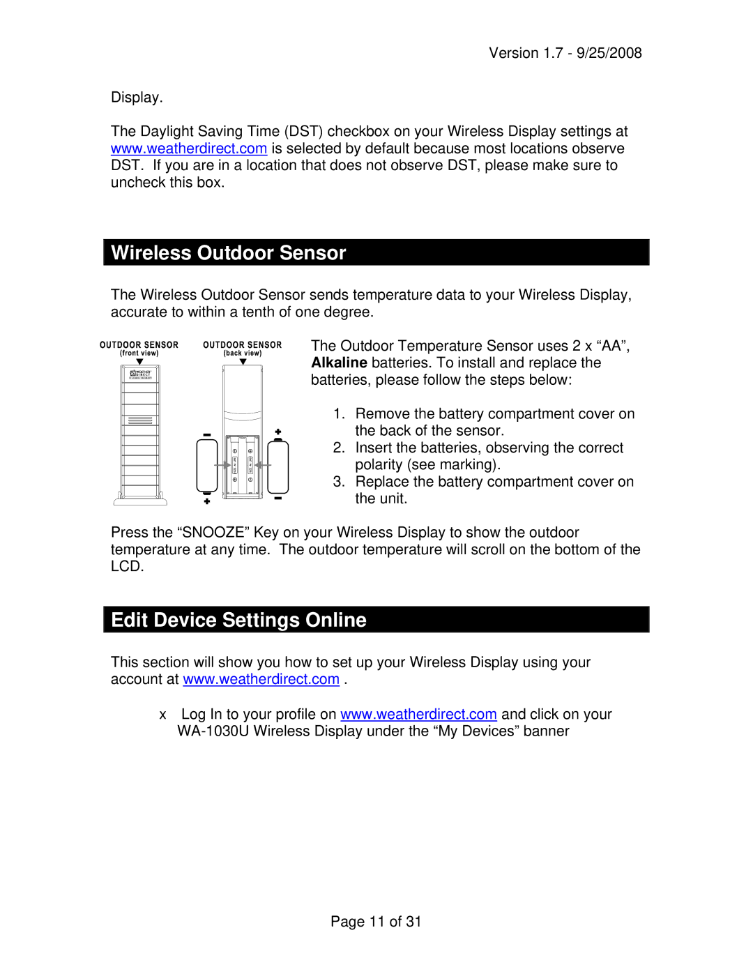 La Crosse Technology WA-1030U owner manual Wireless Outdoor Sensor, Edit Device Settings Online 