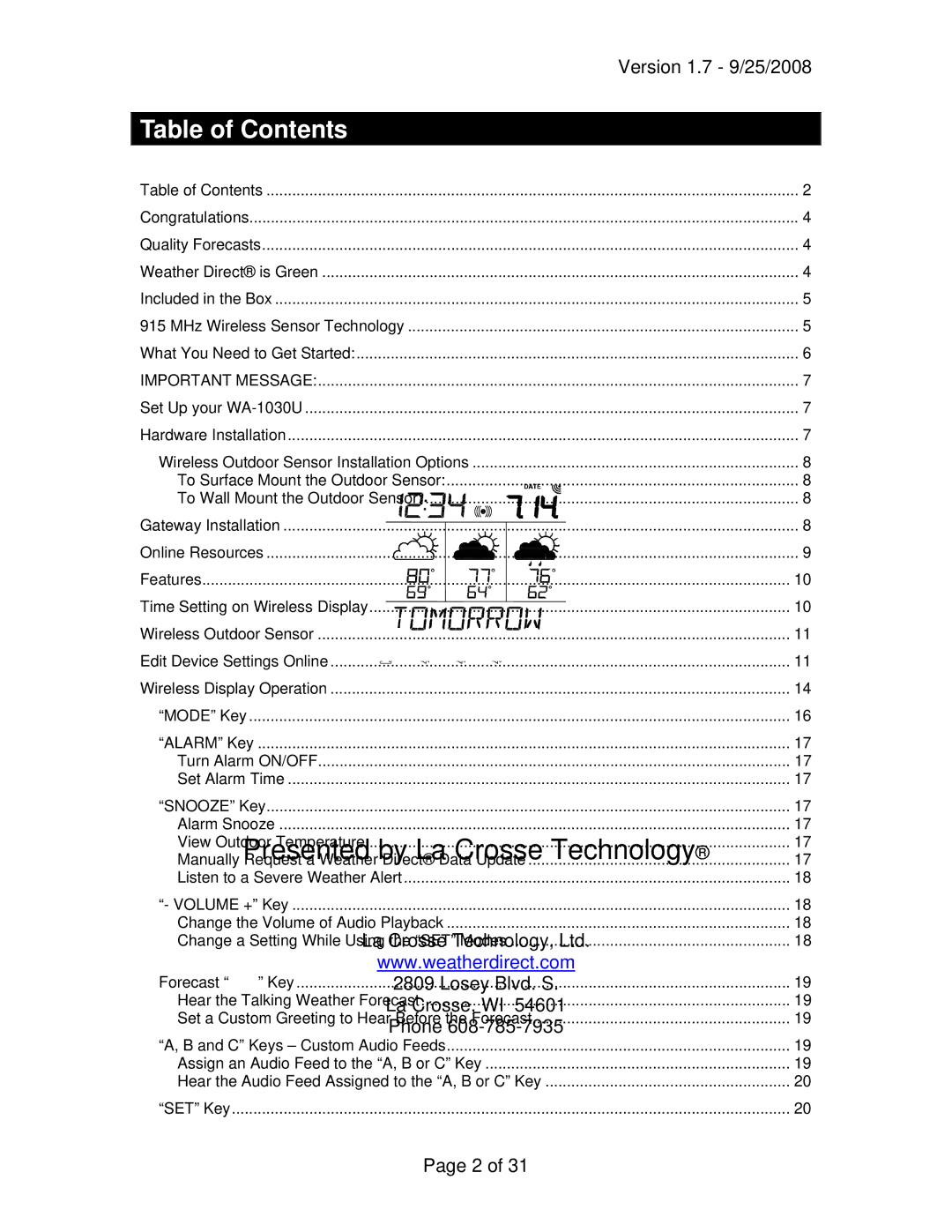 La Crosse Technology WA-1030U owner manual Table of Contents 