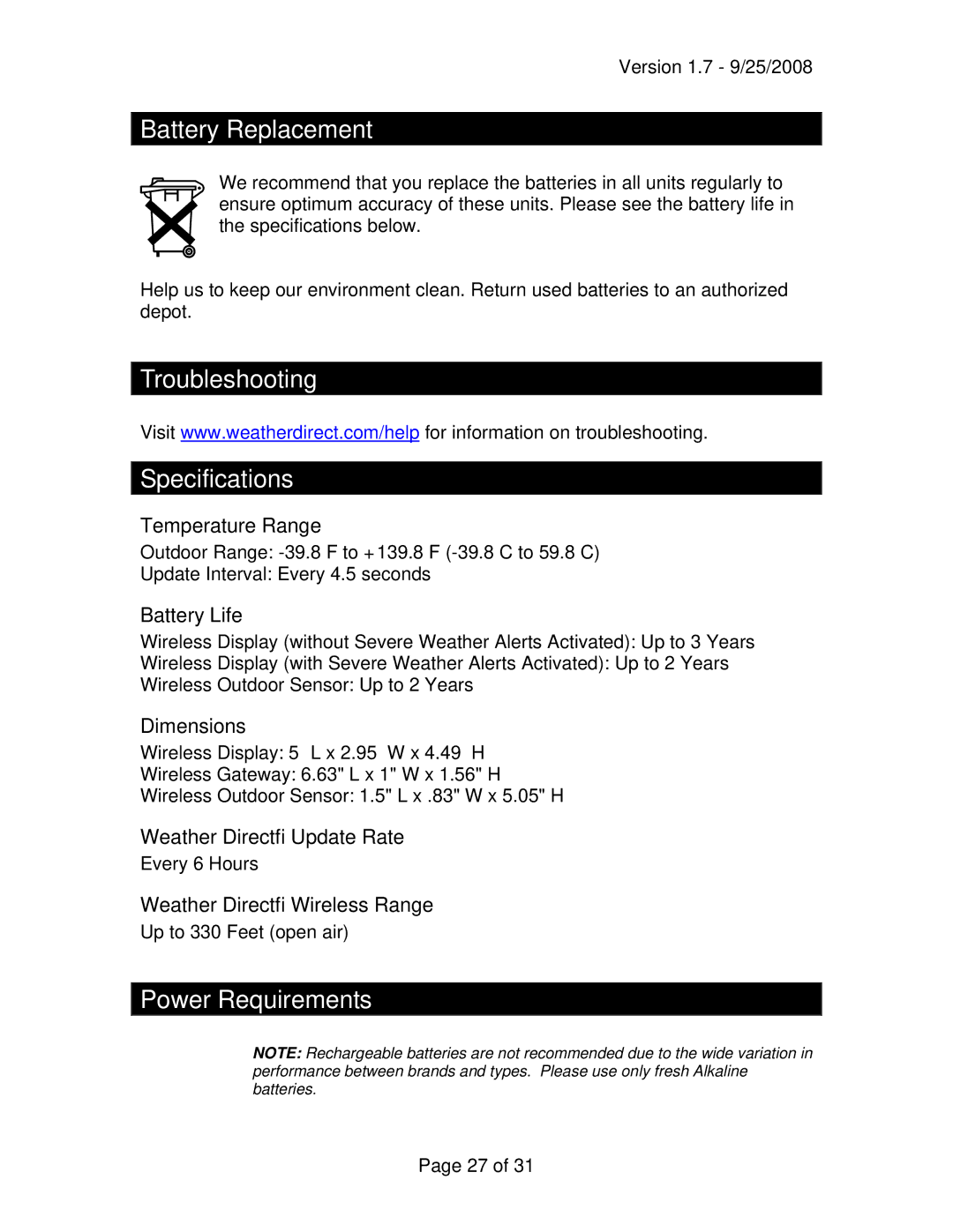 La Crosse Technology WA-1030U owner manual Battery Replacement, Troubleshooting Specifications, Power Requirements 