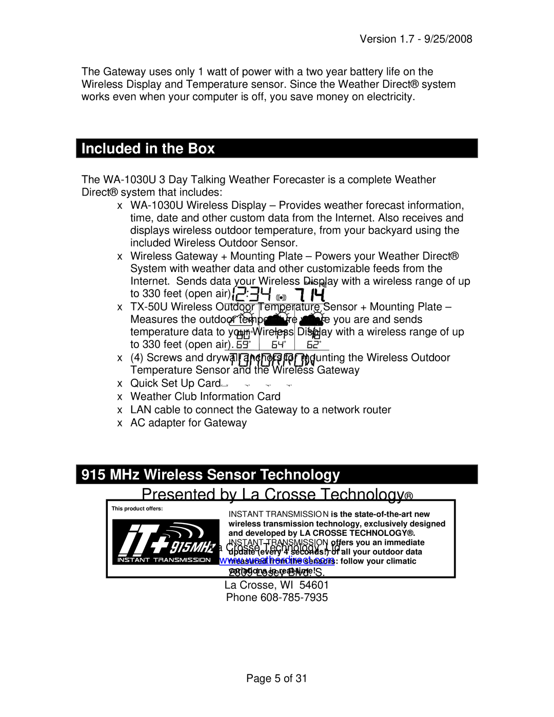 La Crosse Technology WA-1030U owner manual Included in the Box, MHz Wireless Sensor Technology 