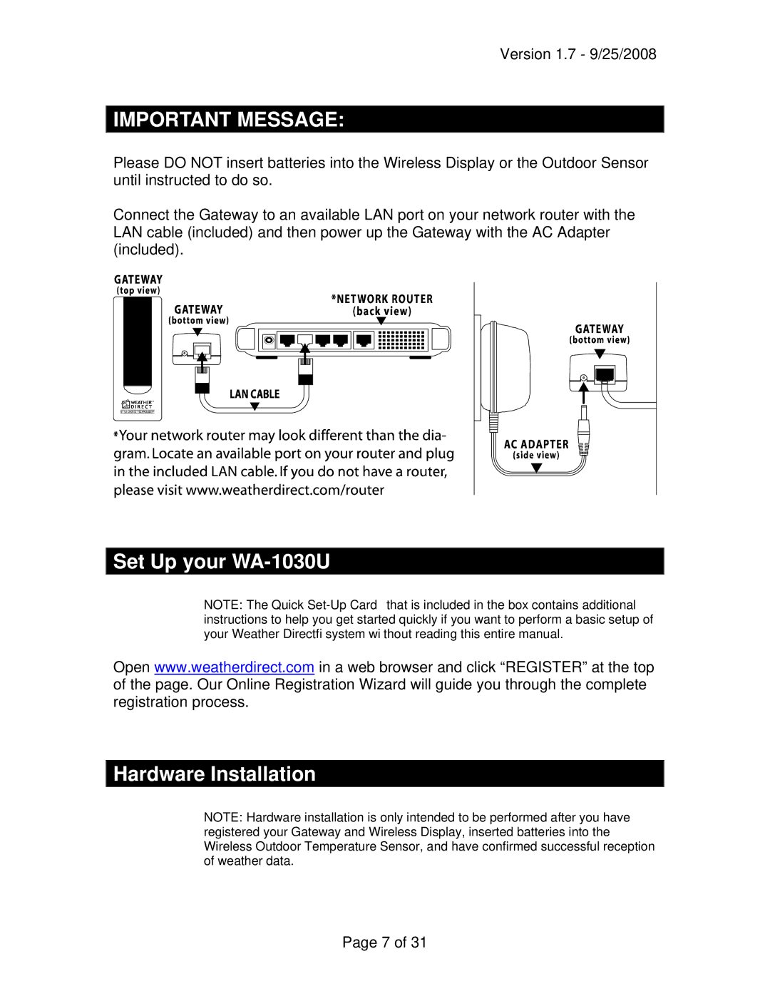 La Crosse Technology owner manual Set Up your WA-1030U, Hardware Installation 