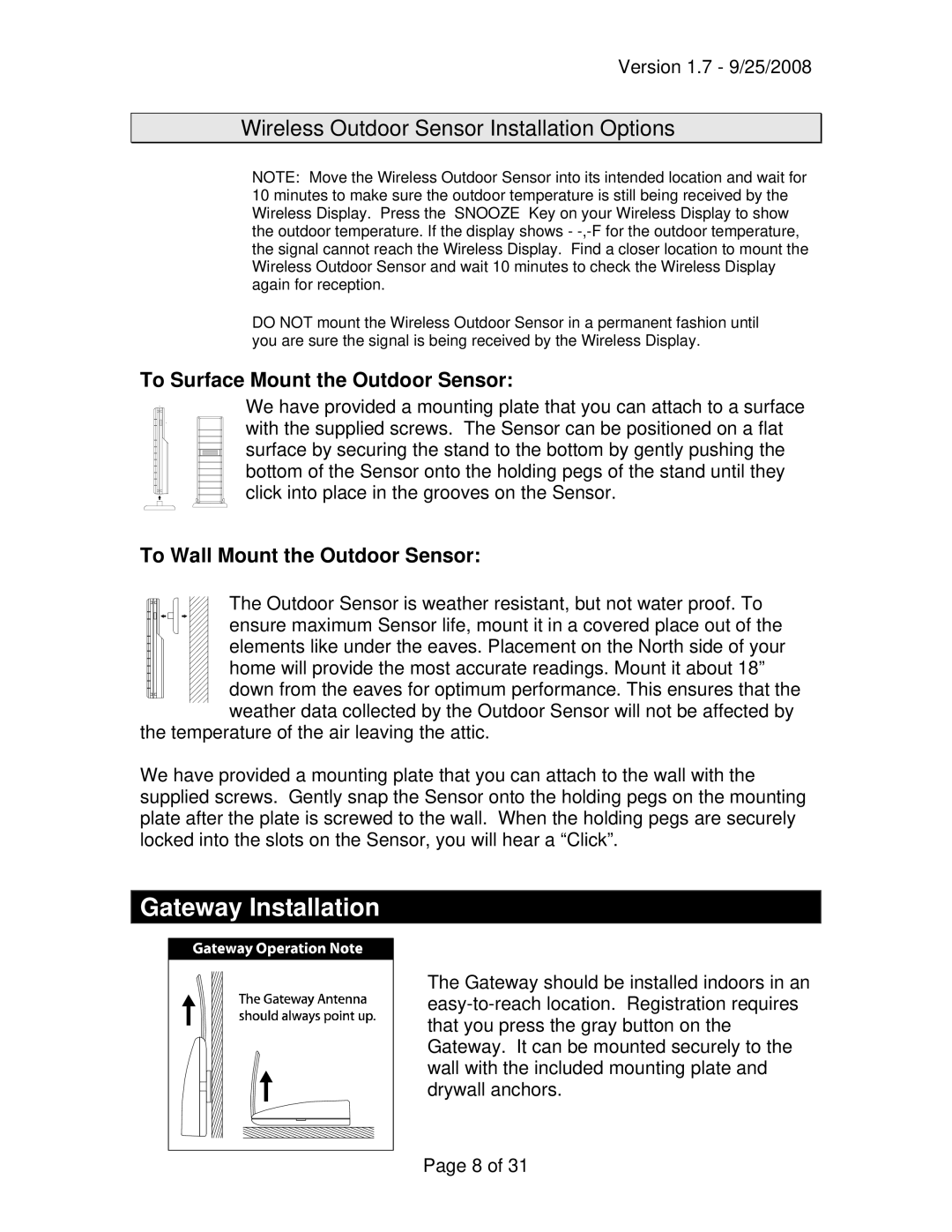 La Crosse Technology WA-1030U owner manual Gateway Installation, Wireless Outdoor Sensor Installation Options 