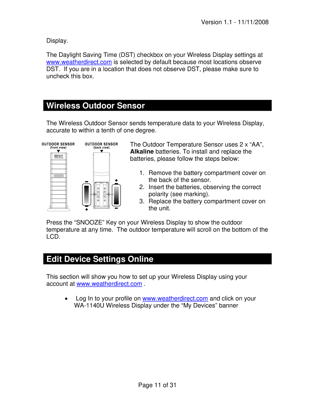 La Crosse Technology WA-1140U owner manual Wireless Outdoor Sensor, Edit Device Settings Online 