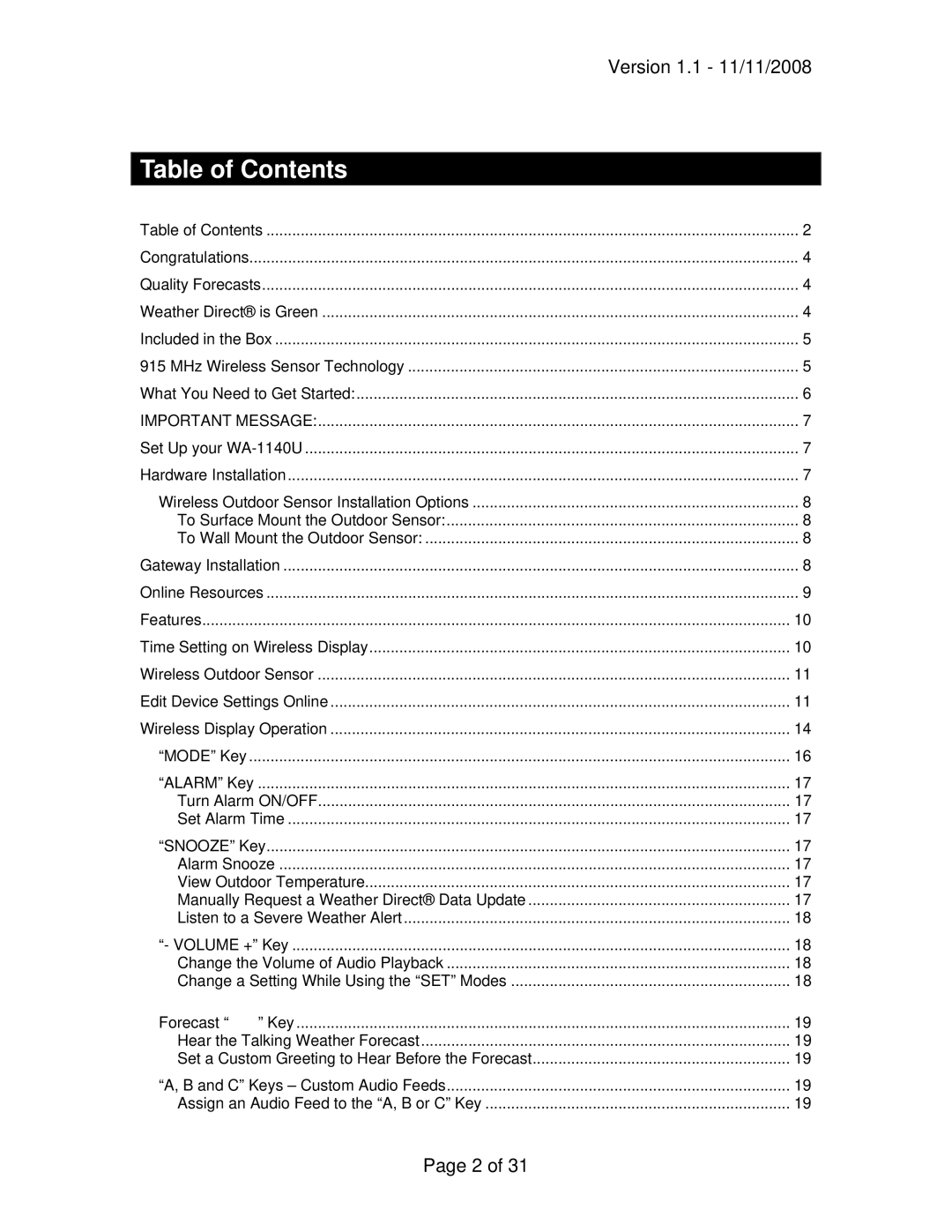 La Crosse Technology WA-1140U owner manual Table of Contents 