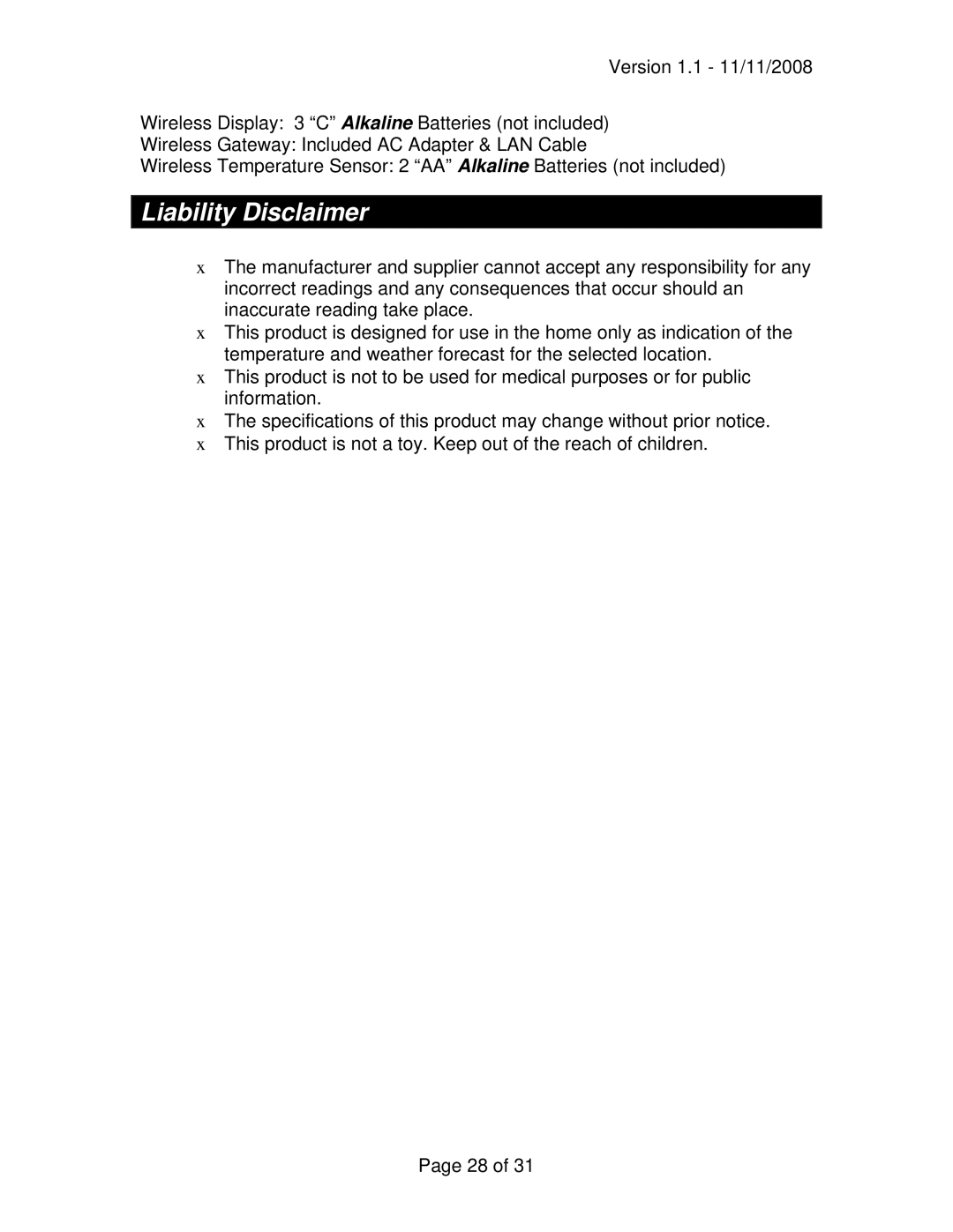 La Crosse Technology WA-1140U owner manual Liability Disclaimer 