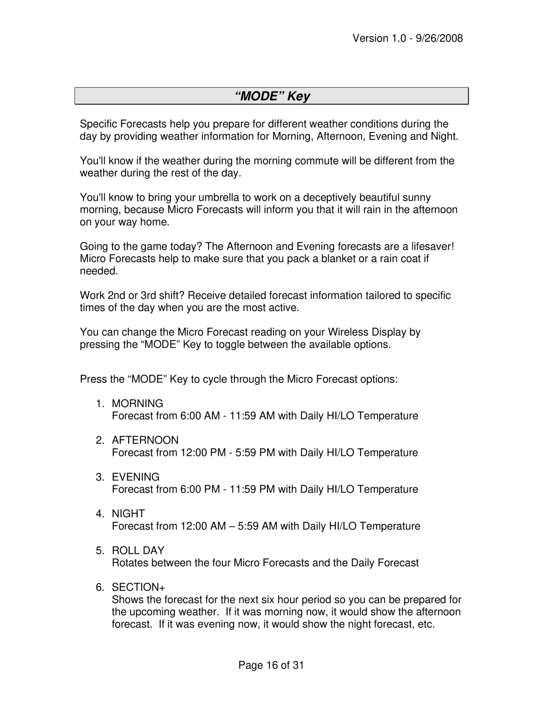 La Crosse Technology WA-1240U owner manual Mode Key, Section+ 