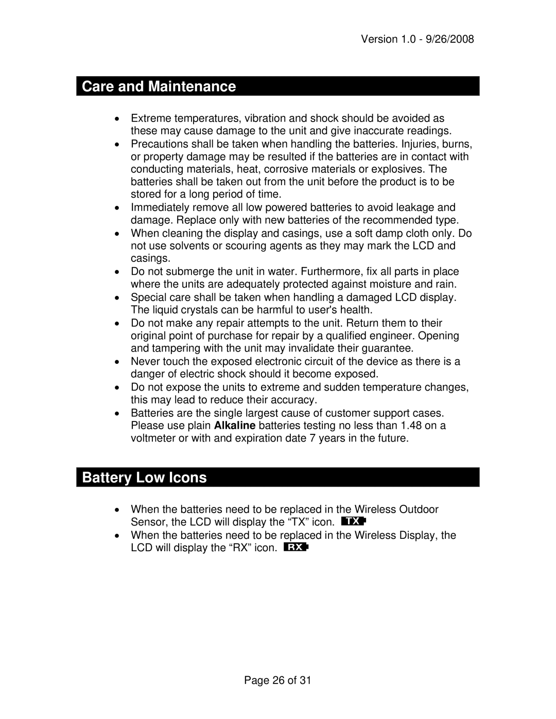 La Crosse Technology WA-1240U owner manual Care and Maintenance, Battery Low Icons 