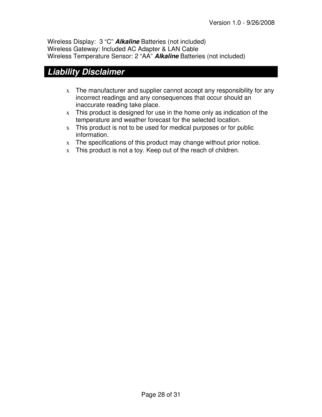 La Crosse Technology WA-1240U owner manual Liability Disclaimer 