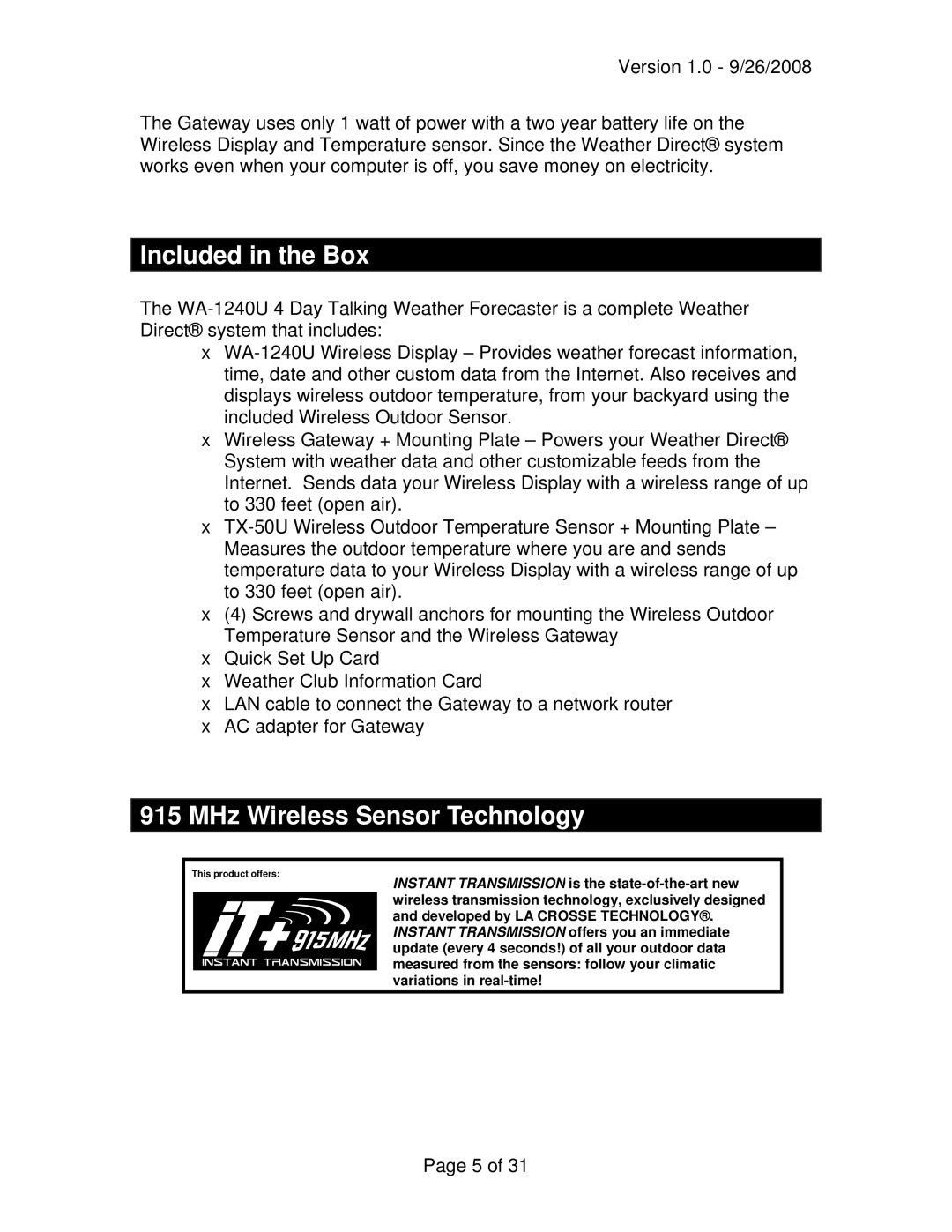 La Crosse Technology WA-1240U owner manual Included in the Box, MHz Wireless Sensor Technology 