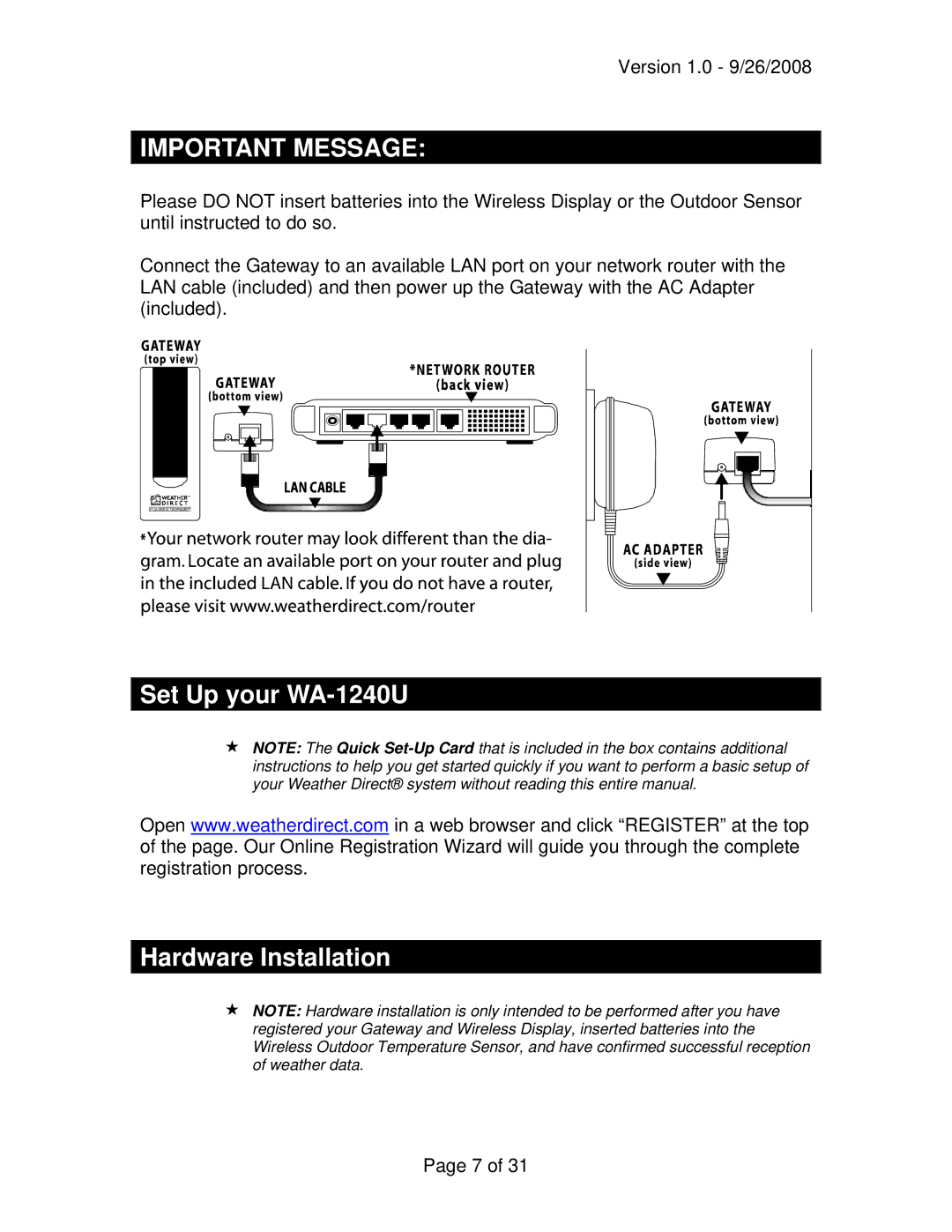 La Crosse Technology owner manual Set Up your WA-1240U, Hardware Installation 