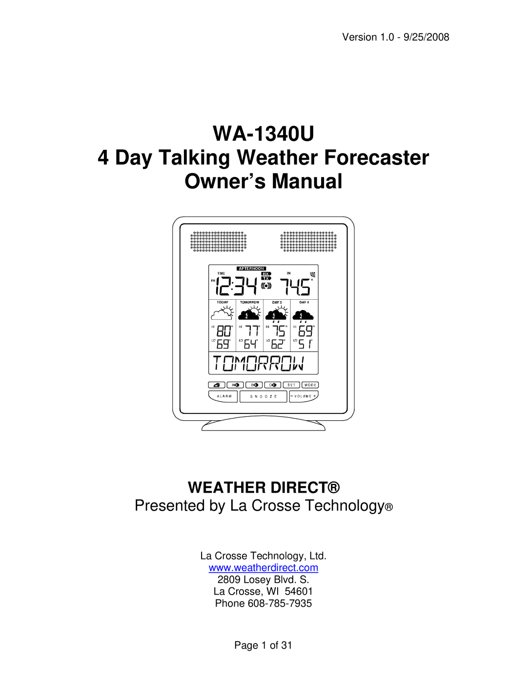 La Crosse Technology owner manual WA-1340U Day Talking Weather Forecaster 