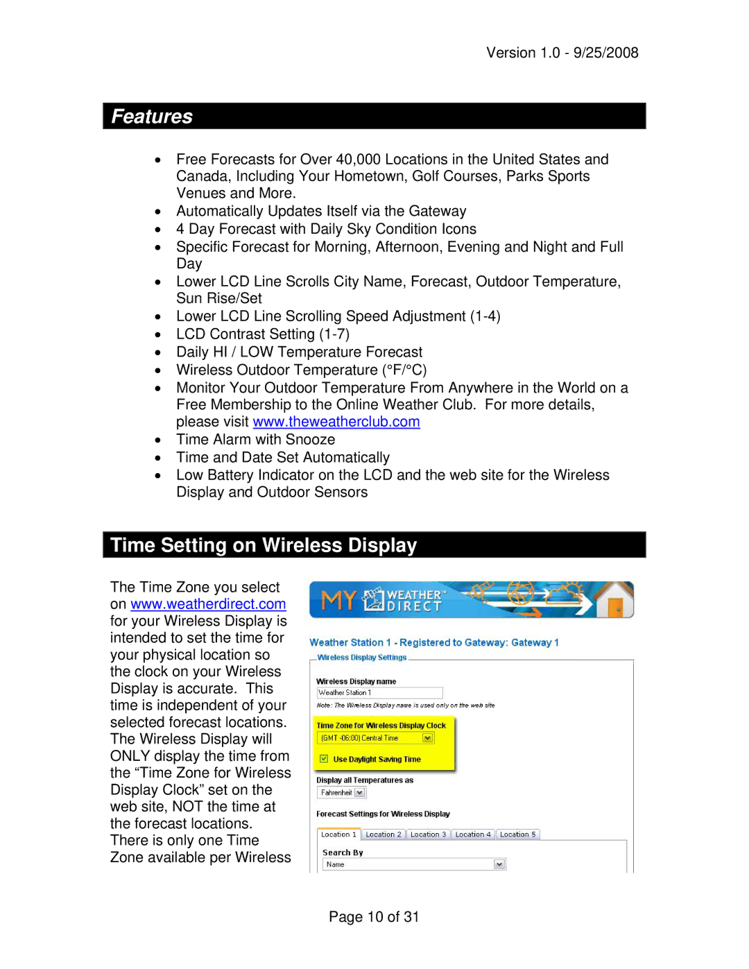 La Crosse Technology WA-1340U owner manual Features, Time Setting on Wireless Display 