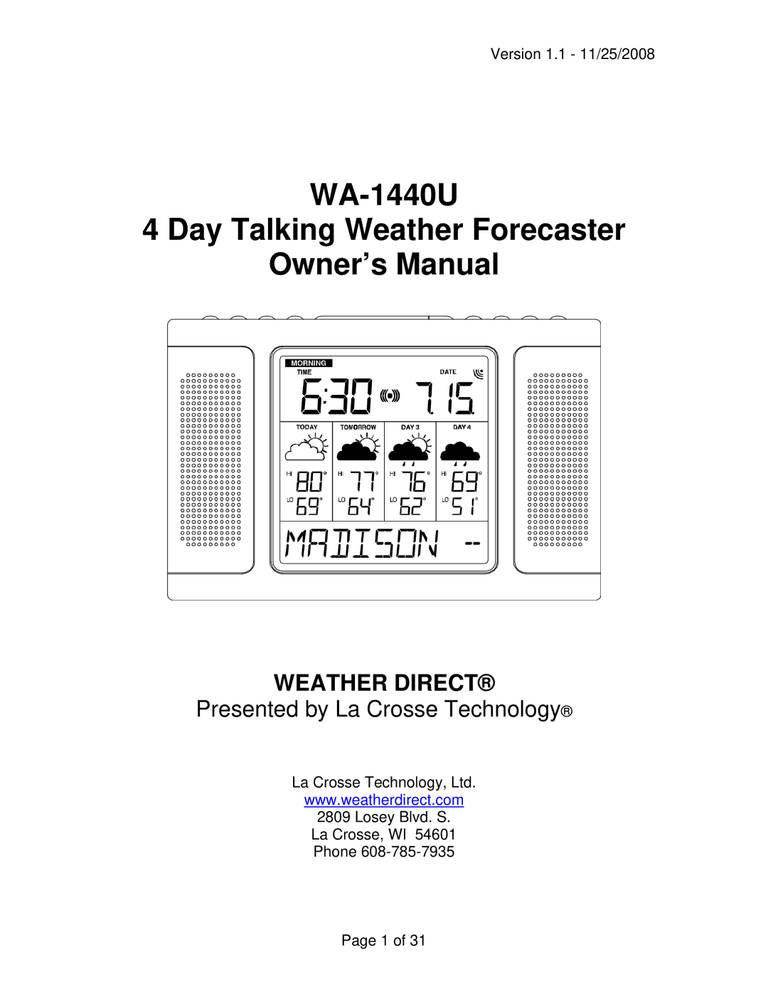 La Crosse Technology owner manual WA-1440U Day Talking Weather Forecaster 