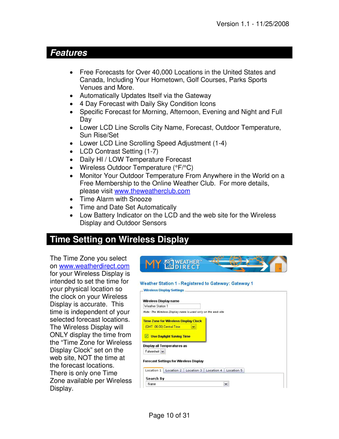 La Crosse Technology WA-1440U owner manual Features, Time Setting on Wireless Display 