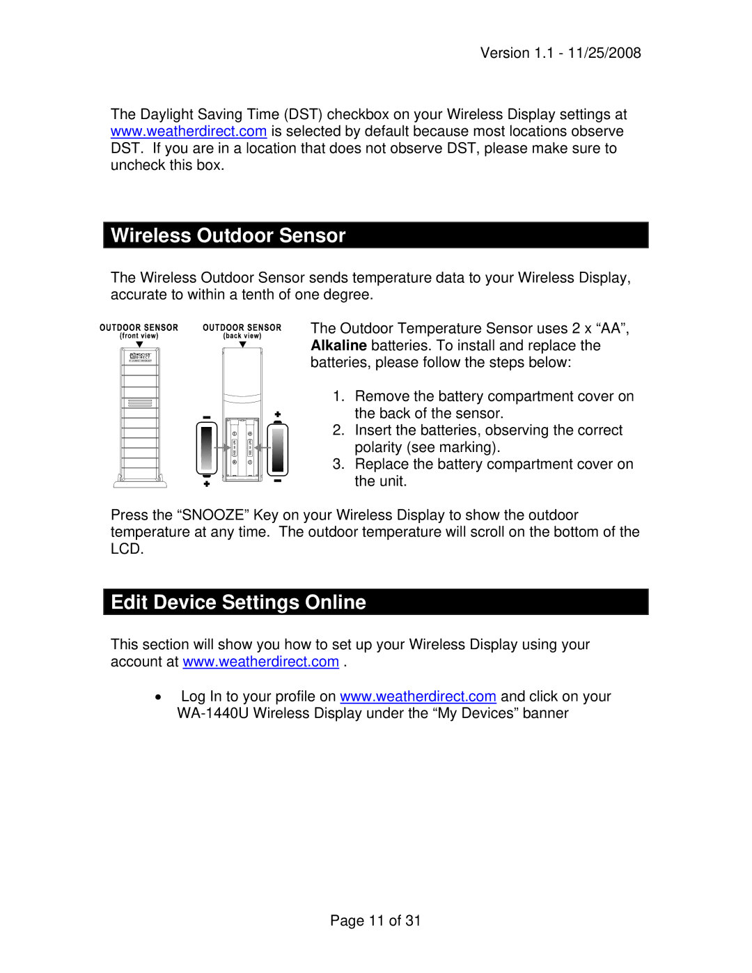 La Crosse Technology WA-1440U owner manual Wireless Outdoor Sensor, Edit Device Settings Online 