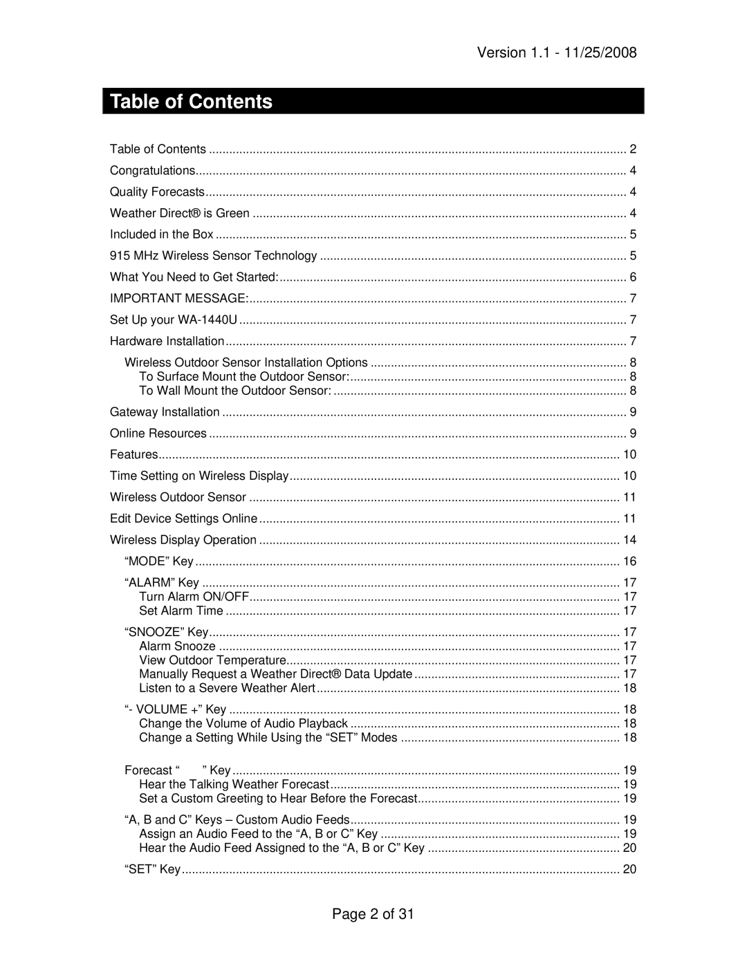 La Crosse Technology WA-1440U owner manual Table of Contents 