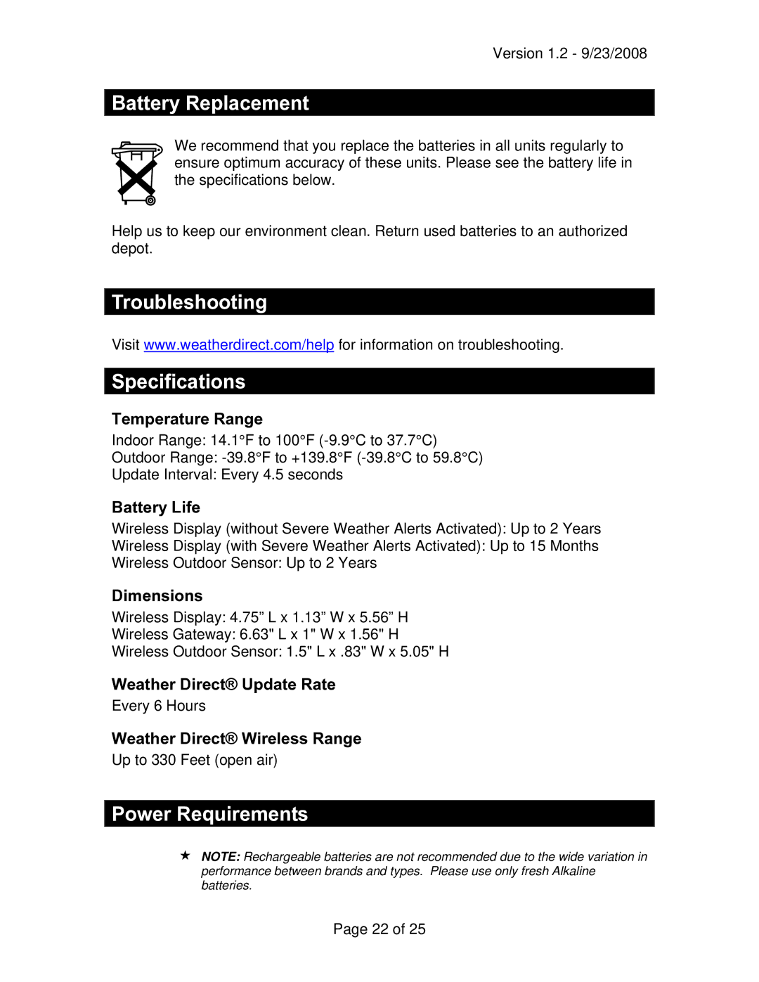 La Crosse Technology WD-2511U owner manual Battery Replacement, Troubleshooting Specifications, Power Requirements 