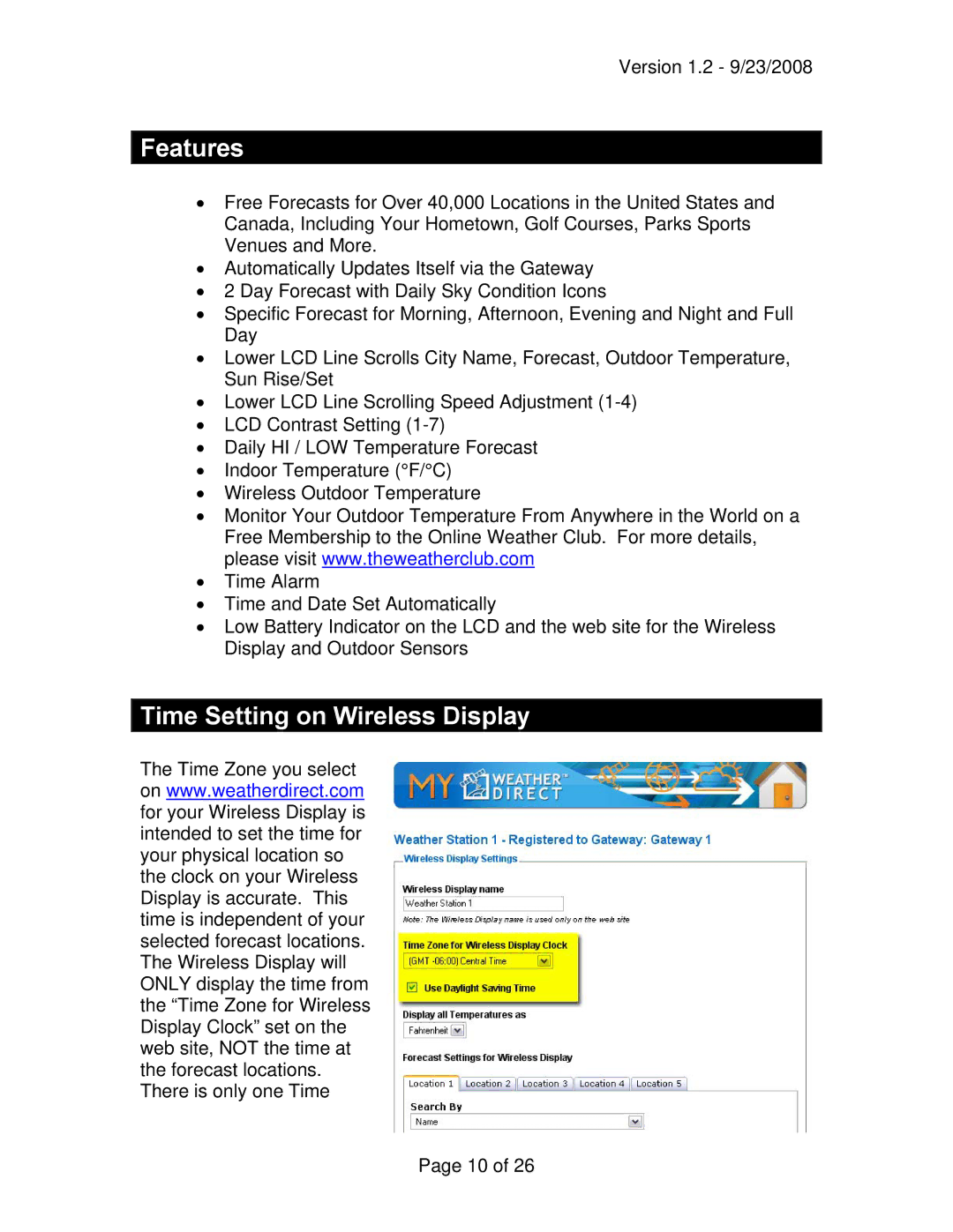 La Crosse Technology WD-2512U owner manual Features, Time Setting on Wireless Display 