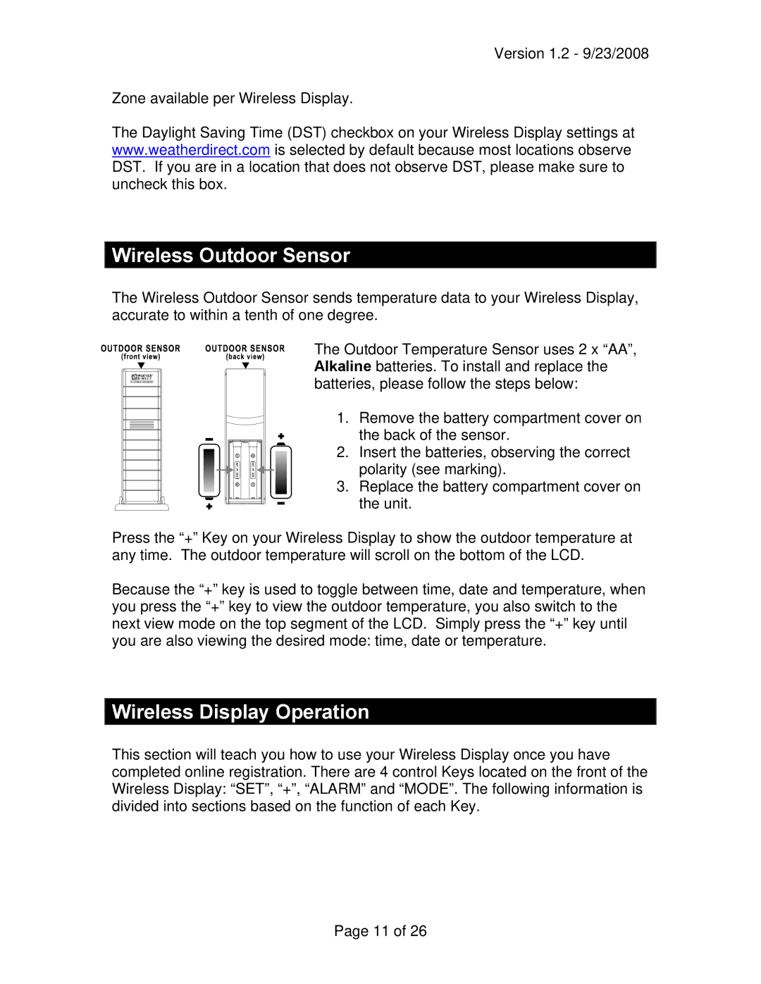 La Crosse Technology WD-2512U owner manual Wireless Outdoor Sensor, Wireless Display Operation 