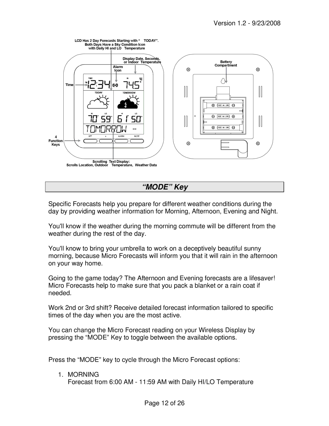 La Crosse Technology WD-2512U owner manual Mode Key 