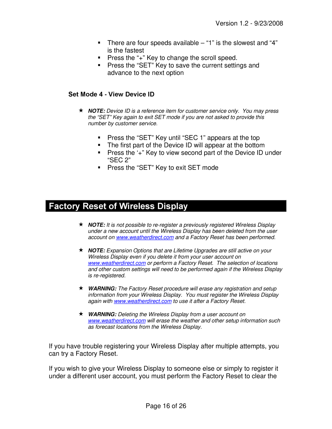 La Crosse Technology WD-2512U owner manual Factory Reset of Wireless Display, Set Mode 4 View Device ID 