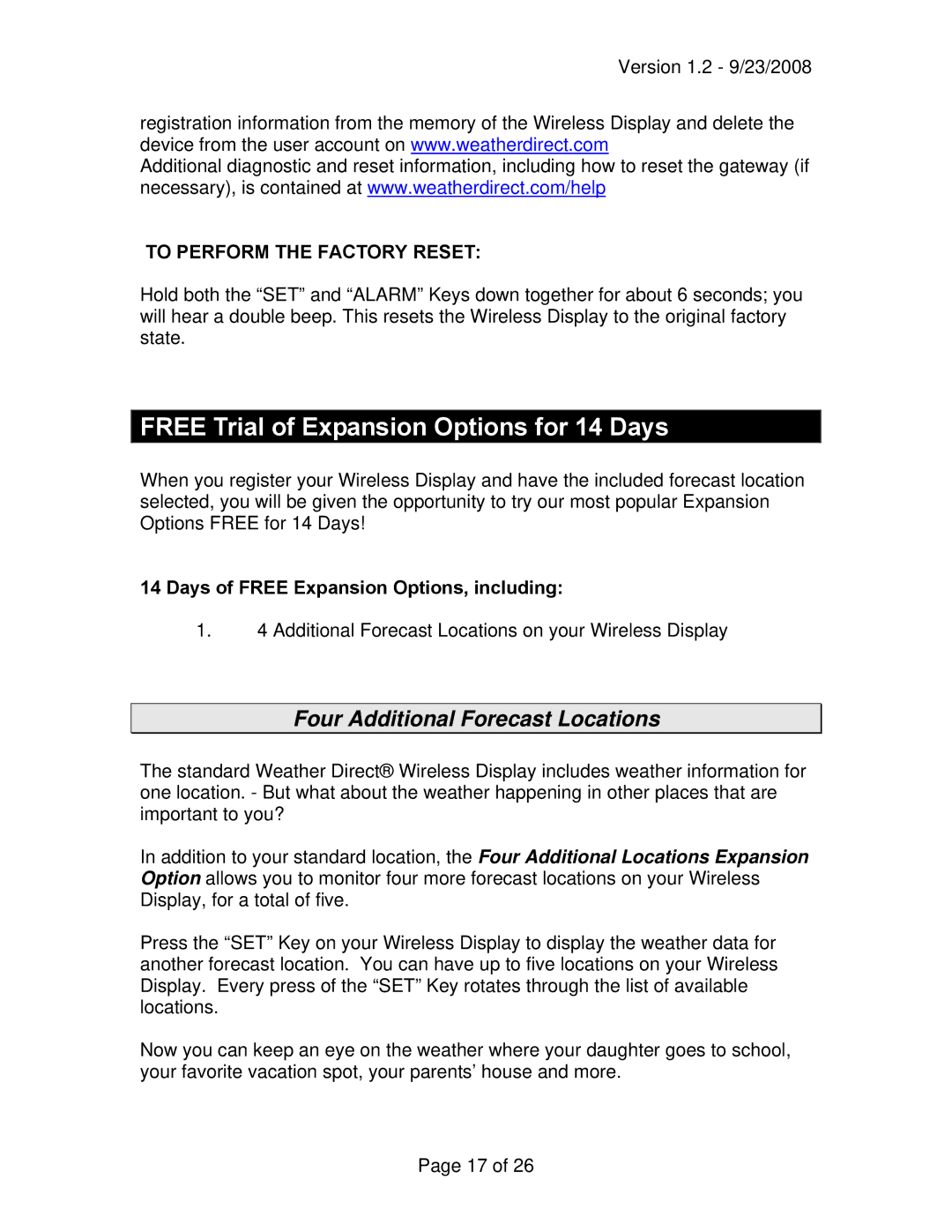 La Crosse Technology WD-2512U owner manual Free Trial of Expansion Options for 14 Days, Four Additional Forecast Locations 