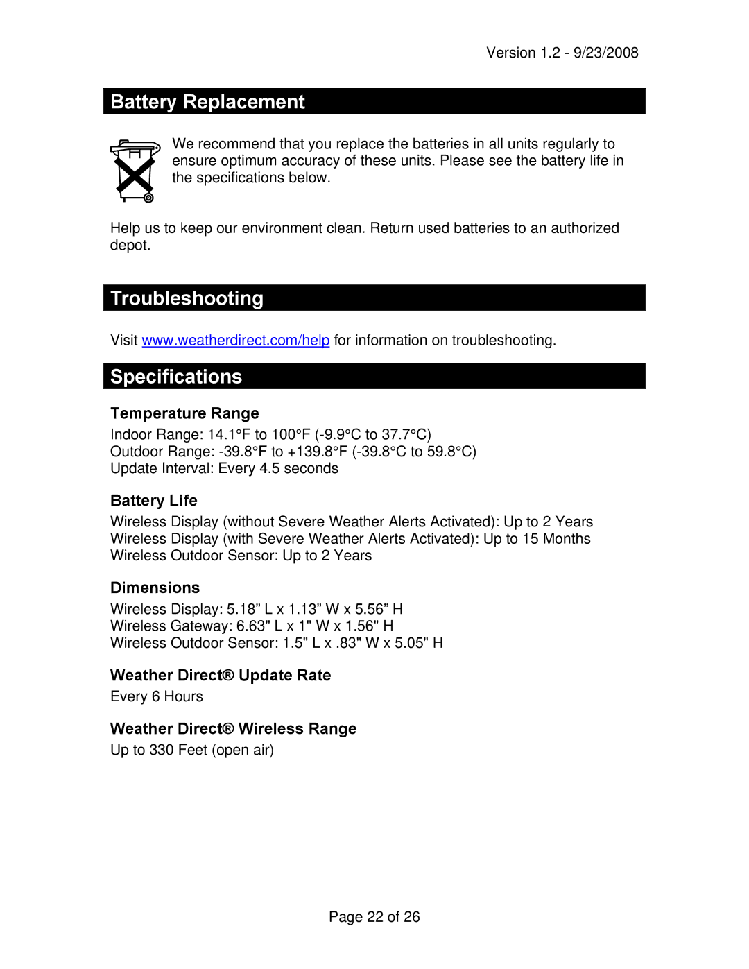 La Crosse Technology WD-2512U owner manual Battery Replacement, Troubleshooting Specifications 